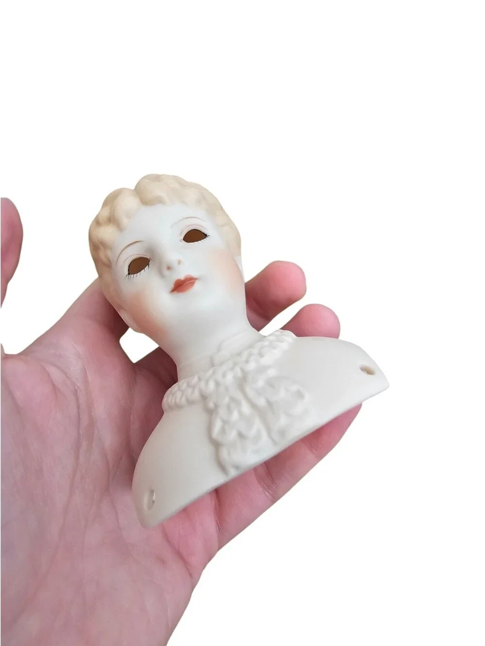 Vintage Hand Painted Bisque Doll Bust Head 1998 Molded Blonde Hair No Eyes